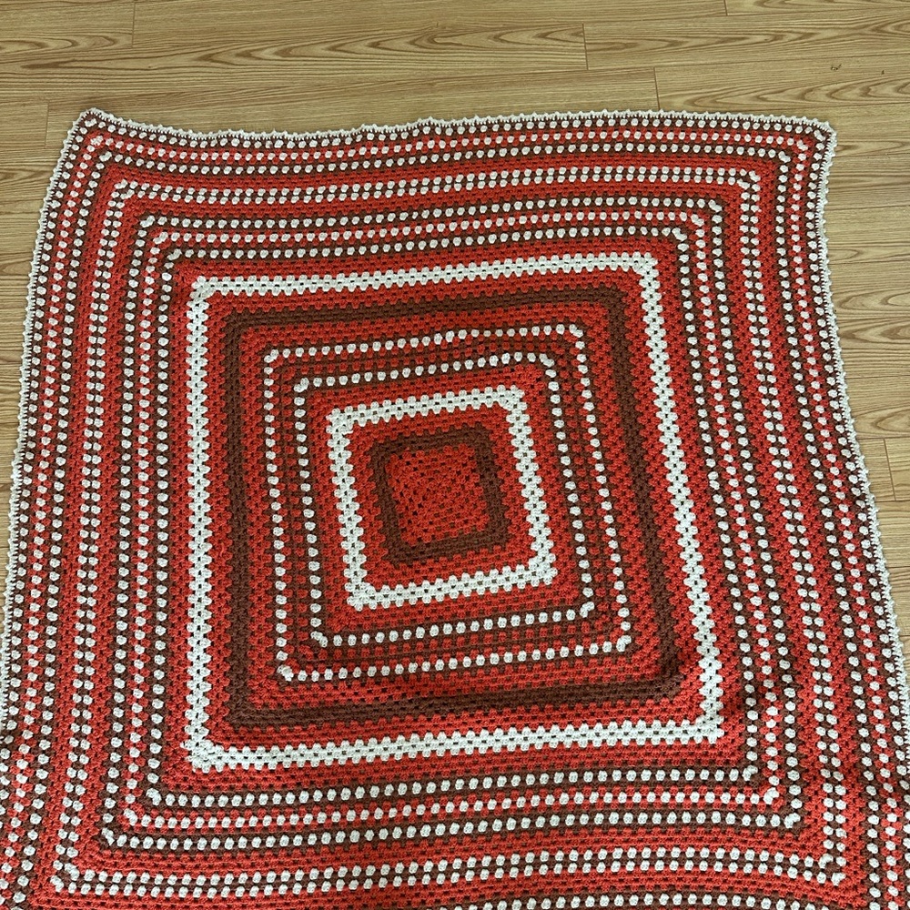 Vintage Handmade Afghan: Fall colors-Orange and Brown Crochet Granny Square